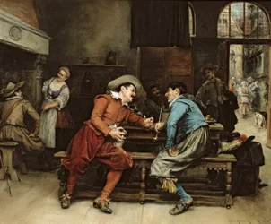 Zwei Männer sprechen in einer Taverne